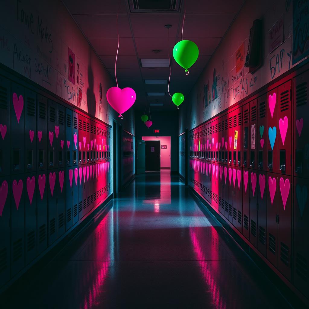 An enigmatic high school hallway, devoid of people, captures the essence of a deserted space