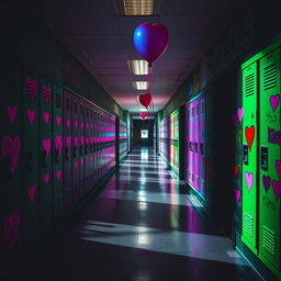 An enigmatic high school hallway, devoid of people, captures the essence of a deserted space