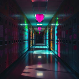 An enigmatic high school hallway, devoid of people, captures the essence of a deserted space