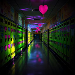 An enigmatic high school hallway, devoid of people, captures the essence of a deserted space