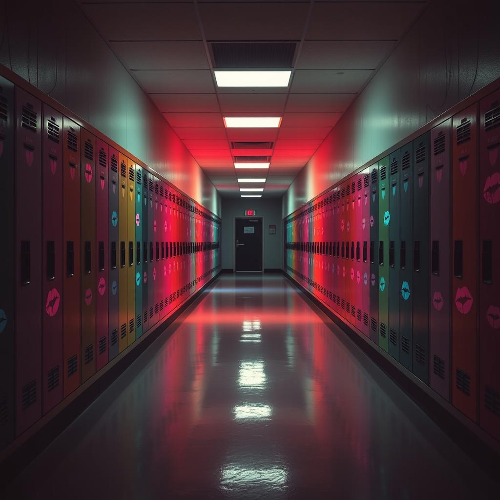 An intriguing high school hallway, completely empty, exuding a sense of mystery