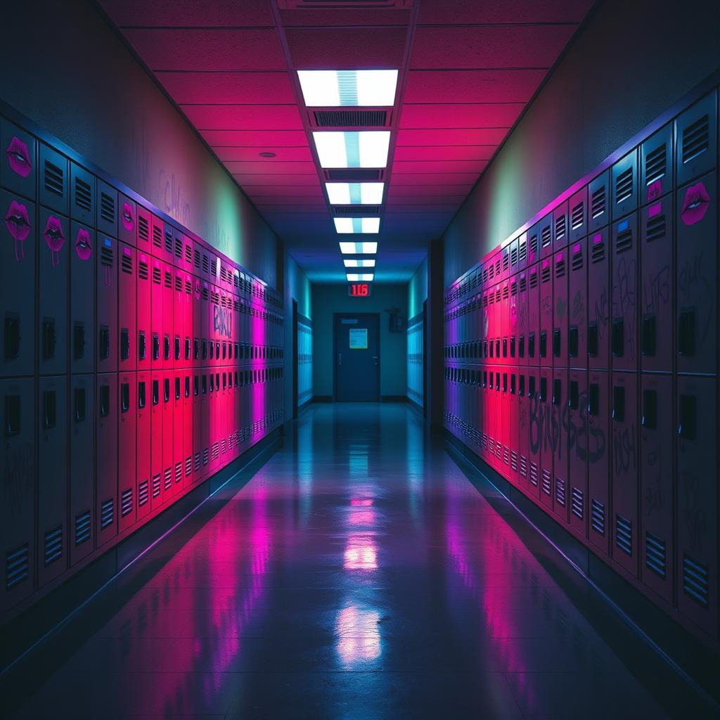 An intriguing high school hallway, completely empty, exuding a sense of mystery