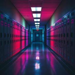 An intriguing high school hallway, completely empty, exuding a sense of mystery