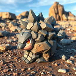 An imaginative design of a 'Rock-type echidna Pokémon' that combines rugged rocky textures with adorable Pokémon features