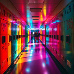 A vibrant high school hallway filled with neon colors, showcasing colorful lockers adorned with playful kisses and graffiti