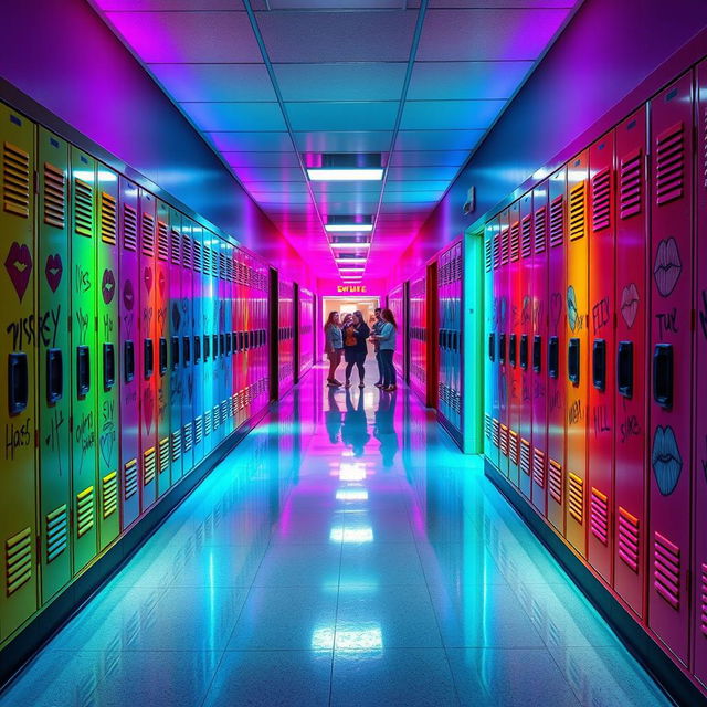 A vibrant high school hallway filled with neon colors, showcasing colorful lockers adorned with playful kisses and graffiti