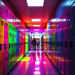 A vibrant high school hallway filled with neon colors, showcasing colorful lockers adorned with playful kisses and graffiti