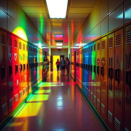 A vibrant high school hallway filled with neon colors, showcasing colorful lockers adorned with playful kisses and graffiti