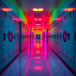 A high school hallway bathed in vibrant neon colors, with artistic kisses painted on the lockers, creating an intriguing and whimsical atmosphere