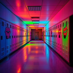 A high school hallway bathed in vibrant neon colors, with artistic kisses painted on the lockers, creating an intriguing and whimsical atmosphere