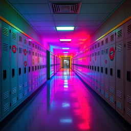 A high school hallway bathed in vibrant neon colors, with artistic kisses painted on the lockers, creating an intriguing and whimsical atmosphere