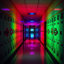 A high school hallway bathed in vibrant neon colors, with artistic kisses painted on the lockers, creating an intriguing and whimsical atmosphere