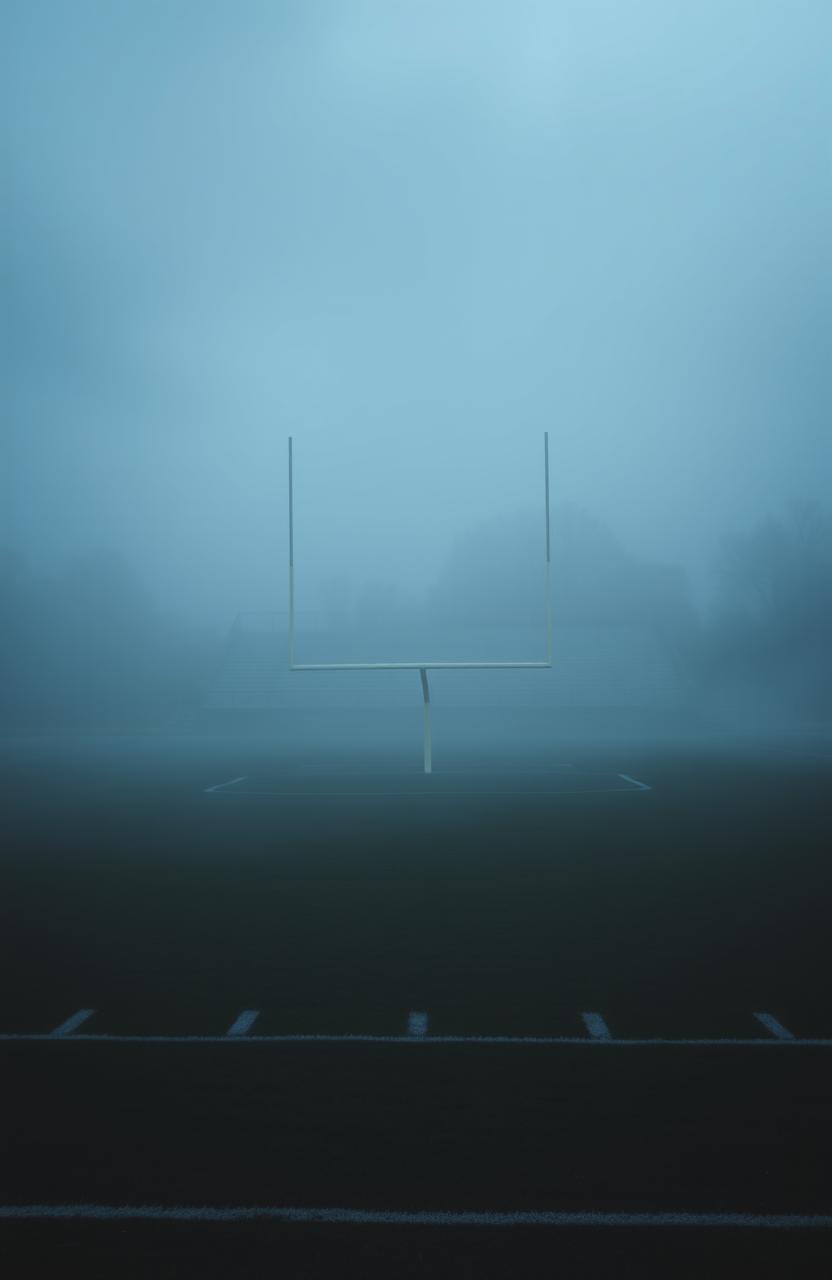 An empty football field shrouded in a mysterious atmosphere, with a thick fog creeping over the grass and surrounding the goalposts, dimly lit by an eerie light from the overcast sky