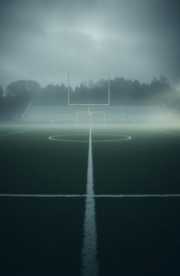 An empty football field shrouded in a mysterious atmosphere, with a thick fog creeping over the grass and surrounding the goalposts, dimly lit by an eerie light from the overcast sky