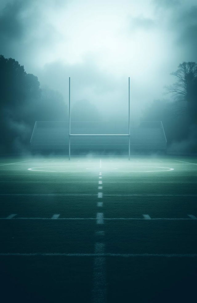 An empty football field shrouded in a mysterious atmosphere, with a thick fog creeping over the grass and surrounding the goalposts, dimly lit by an eerie light from the overcast sky