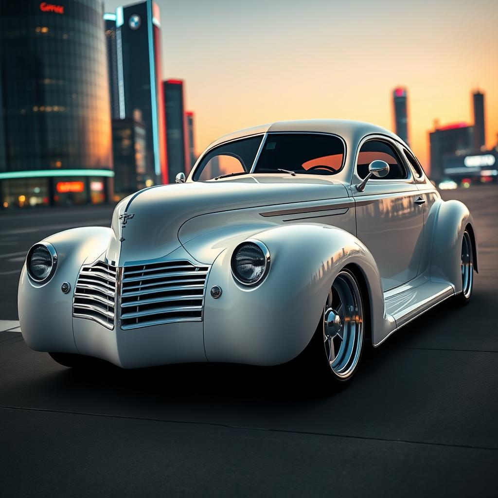 A stunning fusion of a classic 1939 Chevrolet Coupe in pristine white, featuring sleek silver stripes and a widebody style, seamlessly combined with the futuristic design elements of a BMW avant-garde car