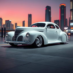 A stunning fusion of a classic 1939 Chevrolet Coupe in pristine white, featuring sleek silver stripes and a widebody style, seamlessly combined with the futuristic design elements of a BMW avant-garde car