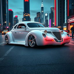 A stunning fusion of a classic 1939 Chevrolet Coupe in pristine white, featuring sleek silver stripes and a widebody style, seamlessly combined with the futuristic design elements of a BMW avant-garde car