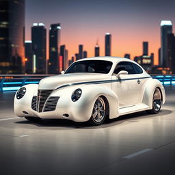 A stunning fusion of a classic 1939 Chevrolet Coupe in pristine white, featuring sleek silver stripes and a widebody style, seamlessly combined with the futuristic design elements of a BMW avant-garde car