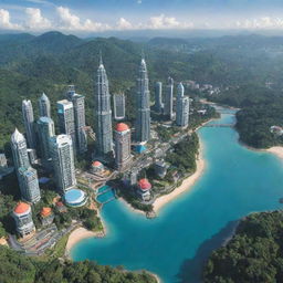 A Pokémon region inspired by Malaysia. Include tropical rainforests, bustling cities, pristine beaches, breathtaking mountains, iconic landmarks like the Petronas Twin Towers, and a blend of traditional and modern architecture.