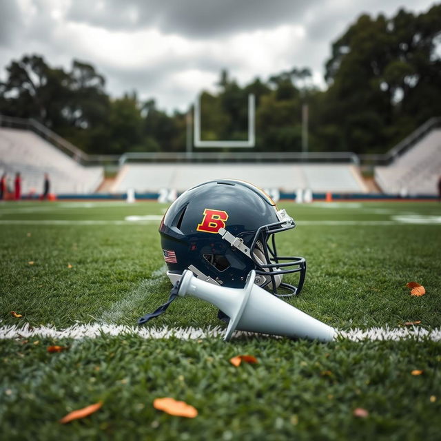 A solitary football helmet resting on a lush green football field, next to an empty cheerleading megaphone