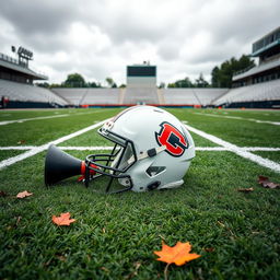 A solitary football helmet resting on a lush green football field, next to an empty cheerleading megaphone