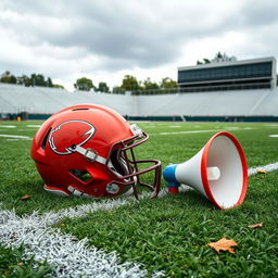 A solitary football helmet resting on a lush green football field, next to an empty cheerleading megaphone