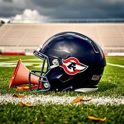 A solitary football helmet resting on a lush green football field, next to an empty cheerleading megaphone