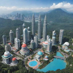 A Pokémon region inspired by Malaysia. Include tropical rainforests, bustling cities, pristine beaches, breathtaking mountains, iconic landmarks like the Petronas Twin Towers, and a blend of traditional and modern architecture.