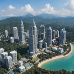 A Pokémon region inspired by Malaysia. Include tropical rainforests, bustling cities, pristine beaches, breathtaking mountains, iconic landmarks like the Petronas Twin Towers, and a blend of traditional and modern architecture.