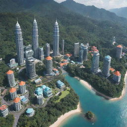 A Pokémon region inspired by Malaysia. Include tropical rainforests, bustling cities, pristine beaches, breathtaking mountains, iconic landmarks like the Petronas Twin Towers, and a blend of traditional and modern architecture.