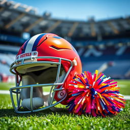 A vibrant football helmet placed on a green field, with a colorful cheerleading pom pom beside it