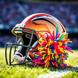 A vibrant football helmet placed on a green field, with a colorful cheerleading pom pom beside it