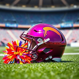 A vibrant football helmet placed on a green field, with a colorful cheerleading pom pom beside it