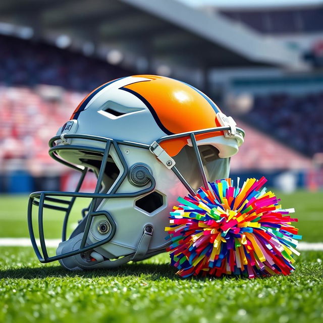 A vibrant football helmet placed on a green field, with a colorful cheerleading pom pom beside it