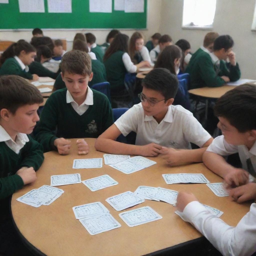 A lively scene of students engaged in a maths card game. There is a palpable air of concentration and enjoyment as they are engrossed in using the cards to solve math problems.