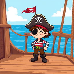 An adorable pixel art pirate character with a classic tricorn hat and eye patch, standing confidently on a wooden ship deck, with a bright blue ocean and a clear sky in the background