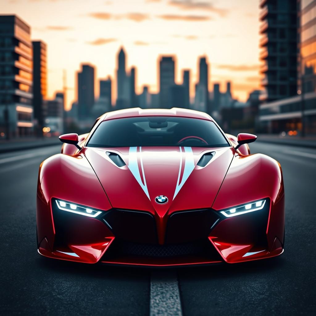 A stunning supercar that combines the classic design of a red 1939 Chevrolet Coupe with silver stripes in a widebody style, merging seamlessly with futuristic avant-garde elements inspired by BMW