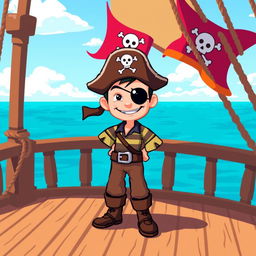 An adorable pixel art pirate character with a classic tricorn hat and eye patch, standing confidently on a wooden ship deck, with a bright blue ocean and a clear sky in the background