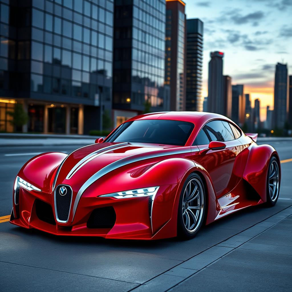 A stunning supercar that combines the classic design of a red 1939 Chevrolet Coupe with silver stripes in a widebody style, merging seamlessly with futuristic avant-garde elements inspired by BMW