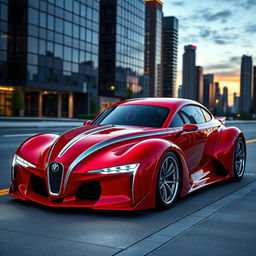 A stunning supercar that combines the classic design of a red 1939 Chevrolet Coupe with silver stripes in a widebody style, merging seamlessly with futuristic avant-garde elements inspired by BMW