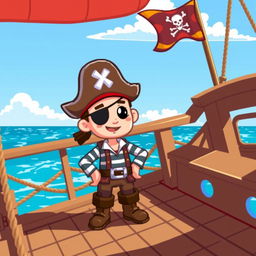 An adorable pixel art pirate character with a classic tricorn hat and eye patch, standing confidently on a wooden ship deck, with a bright blue ocean and a clear sky in the background