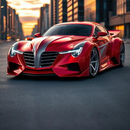 A stunning supercar that combines the classic design of a red 1939 Chevrolet Coupe with silver stripes in a widebody style, merging seamlessly with futuristic avant-garde elements inspired by BMW