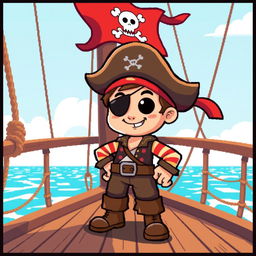 An adorable pixel art pirate character with a classic tricorn hat and eye patch, standing confidently on a wooden ship deck, with a bright blue ocean and a clear sky in the background