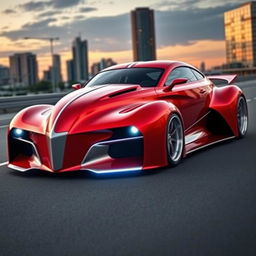 A stunning supercar that combines the classic design of a red 1939 Chevrolet Coupe with silver stripes in a widebody style, merging seamlessly with futuristic avant-garde elements inspired by BMW