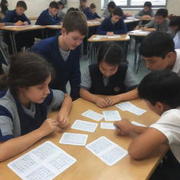 A lively scene of students engaged in a maths card game. There is a palpable air of concentration and enjoyment as they are engrossed in using the cards to solve math problems.