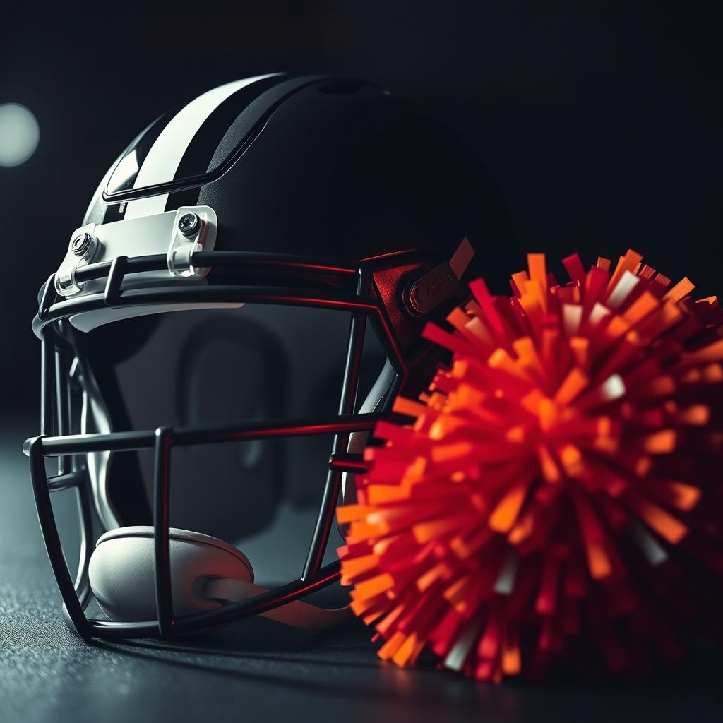 A close-up of a shiny, modern football helmet, featuring bold stripes and a high-gloss finish, sitting next to a vibrant, fluffy cheerleading pom pom