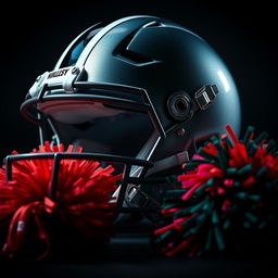 A close-up of a shiny, modern football helmet, featuring bold stripes and a high-gloss finish, sitting next to a vibrant, fluffy cheerleading pom pom