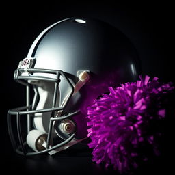 A close-up of a shiny, modern football helmet, featuring bold stripes and a high-gloss finish, sitting next to a vibrant, fluffy cheerleading pom pom