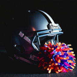 A close-up of a shiny, modern football helmet, featuring bold stripes and a high-gloss finish, sitting next to a vibrant, fluffy cheerleading pom pom